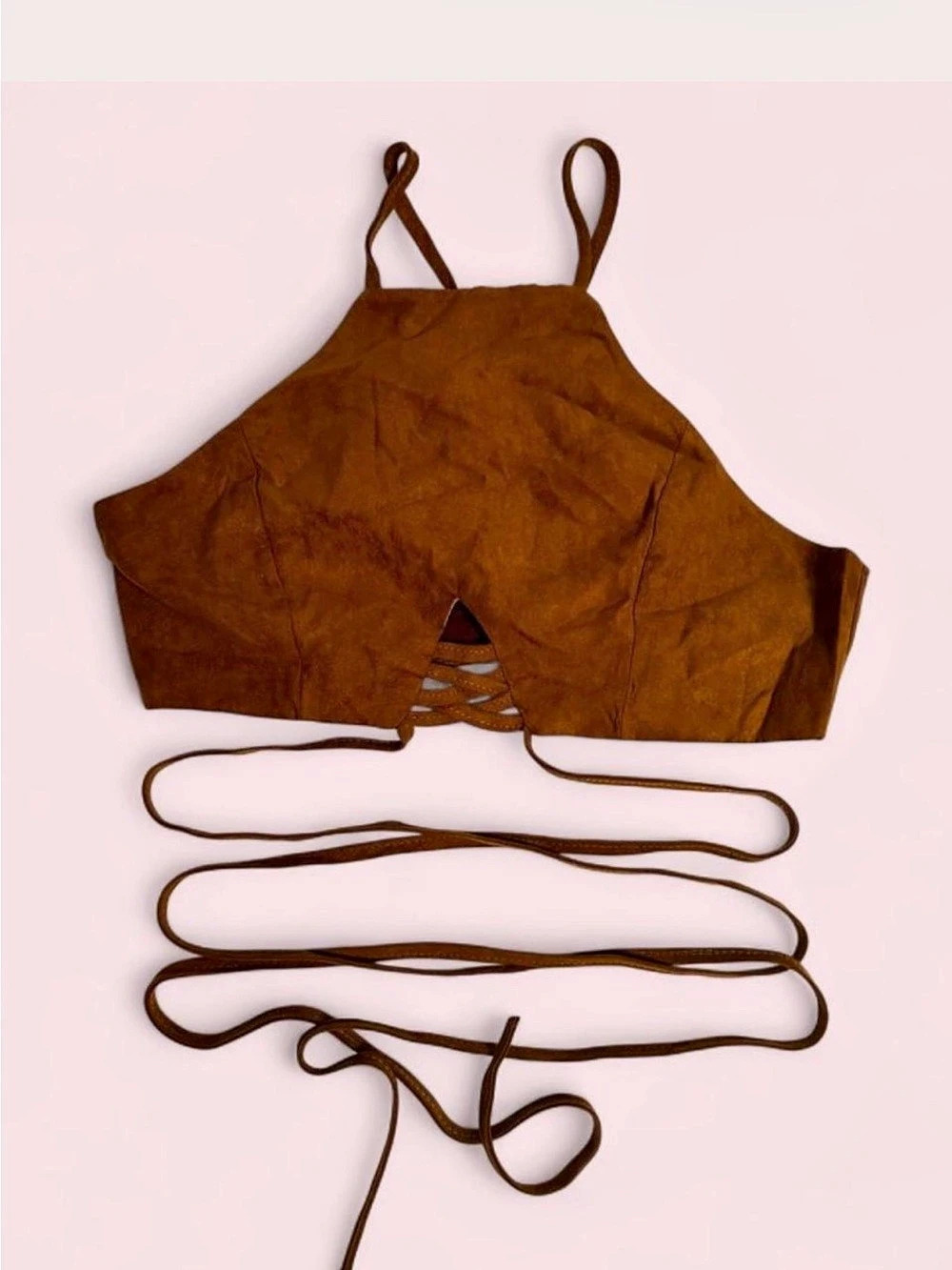 Faux Suede Halter Crop Top Waist Wrap around